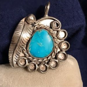 Vintage Native American Navajo Turquoise Silver One Feather Pendant